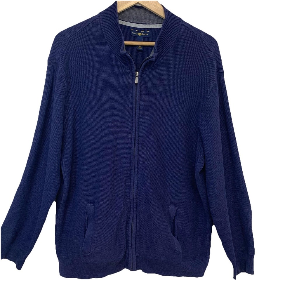 Club Room  Full Zip Waffle Knit Cardigan Men Large Blue Pockets 100% Cotton